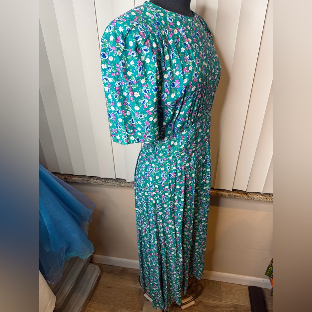 Vintage Karin Stevens teal floral dress short puff sleeve drop waist pleated 12 - Picture 4 of 8